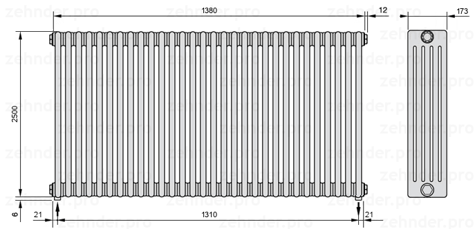 Схема (чертеж) Радиатор Zehnder Charleston 5250/30 №5310 Белый глянцевый RAL 9016
